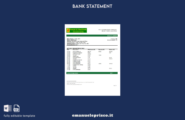 modello word di estratto conto bancario in stile verificato India Punjab e Sind